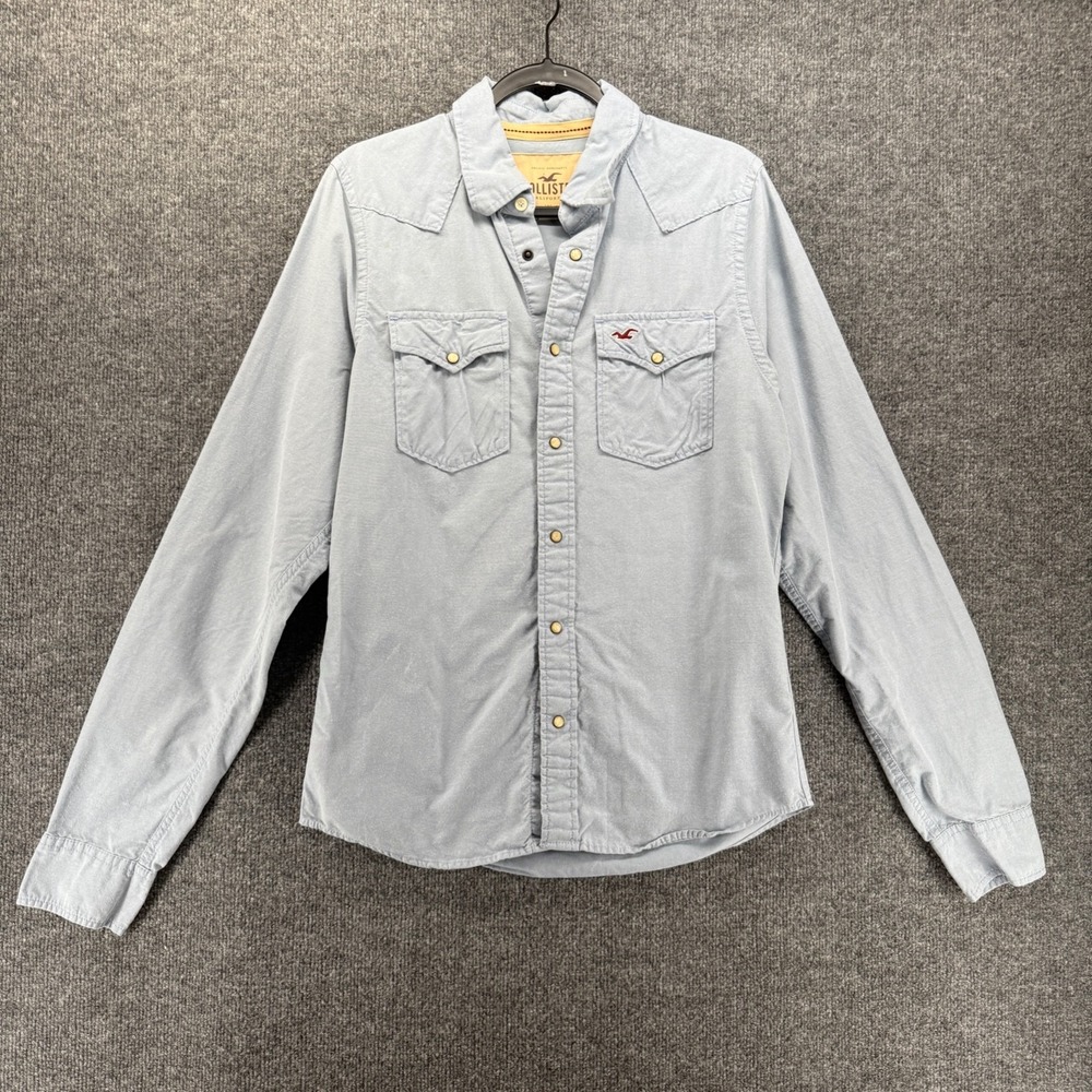 Hollister Shirt Mens L Blue Denim Pearl Snap On Long Sleeve Western Ranch Casual
